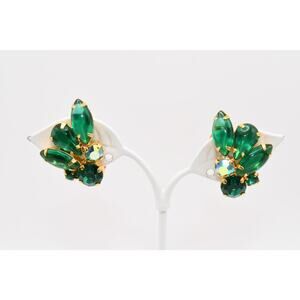 Vintage Juliana Style Green Rhinestone Clip On Earrings Gold Tone AB